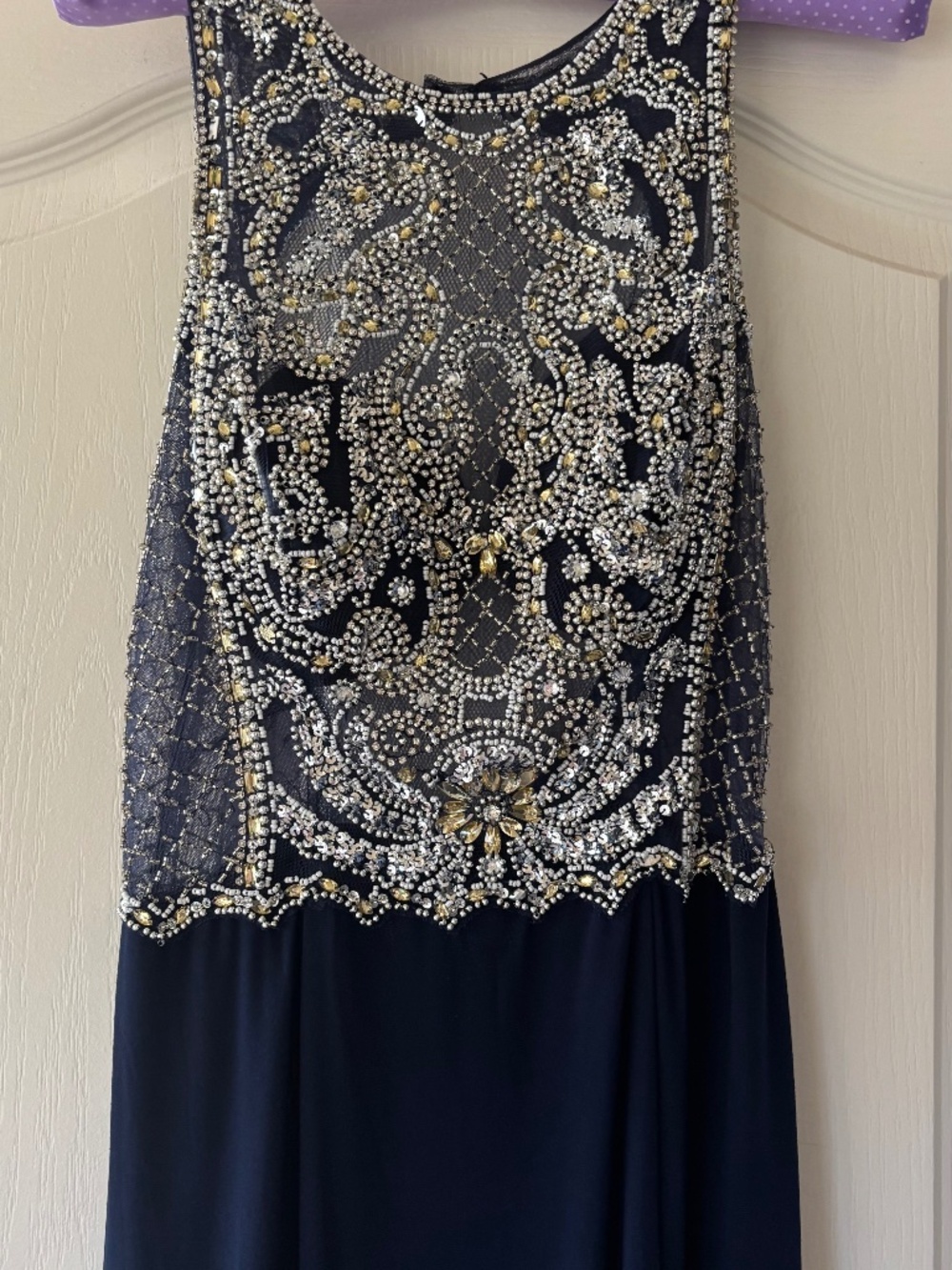 Navy ballroom dress with silver bead bodice